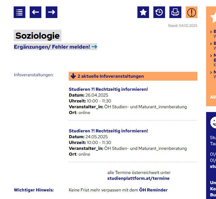 Ansicht Studiengangsseite